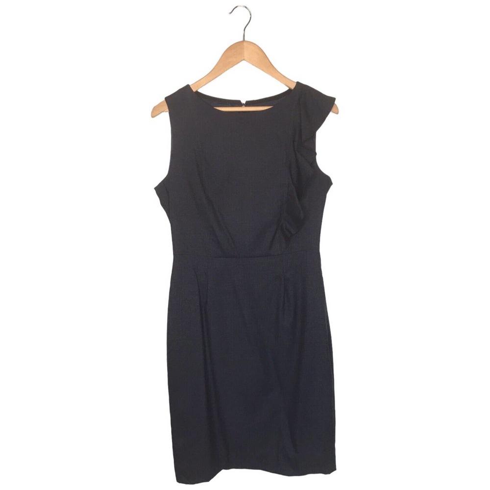 J Crew Wool Ruffle Sleeveless Round Neck Career Lined Dress Blue 6